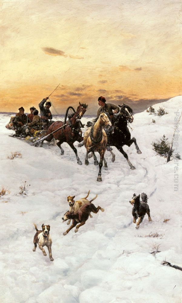 Bodhan Von Kleczynski Figures in a Horse drawn Sleigh in a Winter Landscape